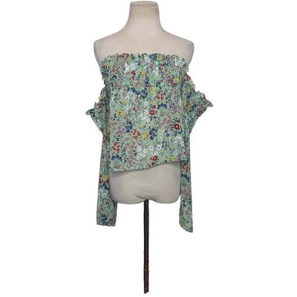 Glamorous green floral long sleeves off shoulders cropped top size Medium - Picture 1 of 11